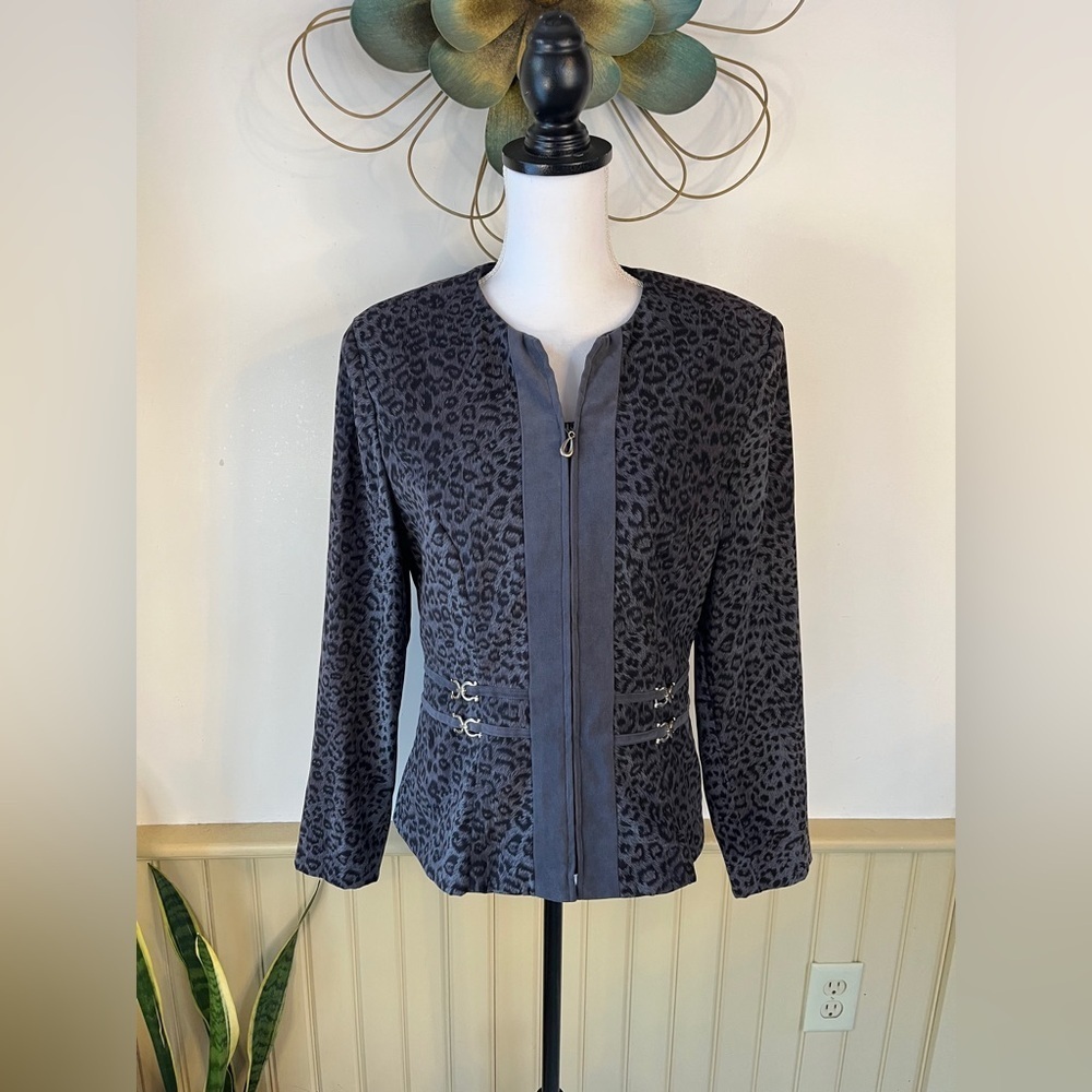 Vintage Jessica Howard Leopard Velvet Feel Zip Blazer Sz 10 Corporate Office